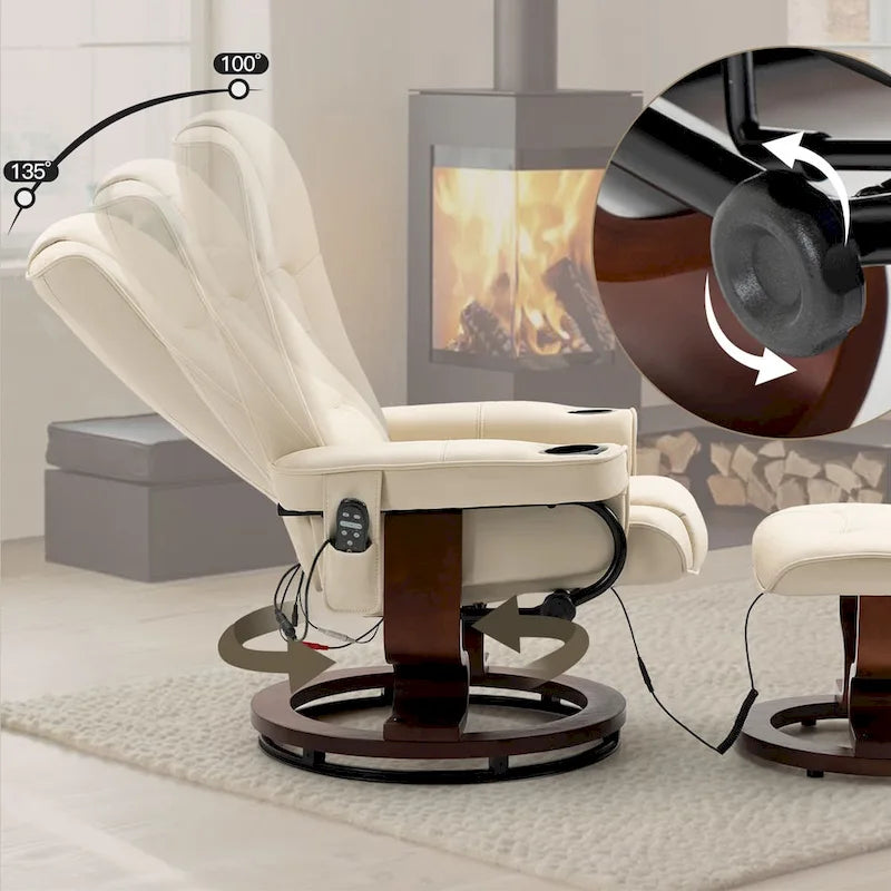 Fauteuil de massage inclinable en cuir PU noir/beige avec ottoman et pivotement à 360° - Usage individuel