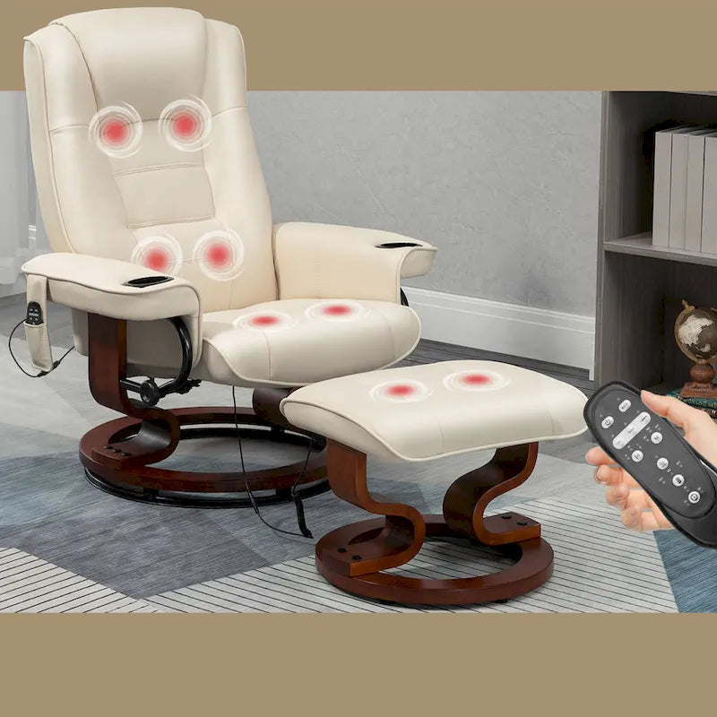 Fauteuil de massage inclinable en cuir PU noir/beige avec ottoman et pivotement à 360° - Usage individuel