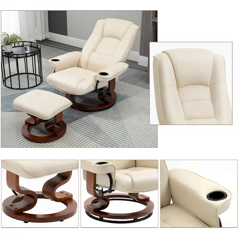Fauteuil de massage inclinable en cuir PU noir/beige avec ottoman et pivotement à 360° - Usage individuel