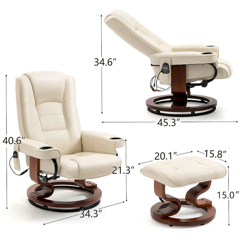 Fauteuil de massage inclinable en cuir PU noir/beige avec ottoman et pivotement à 360° - Usage individuel