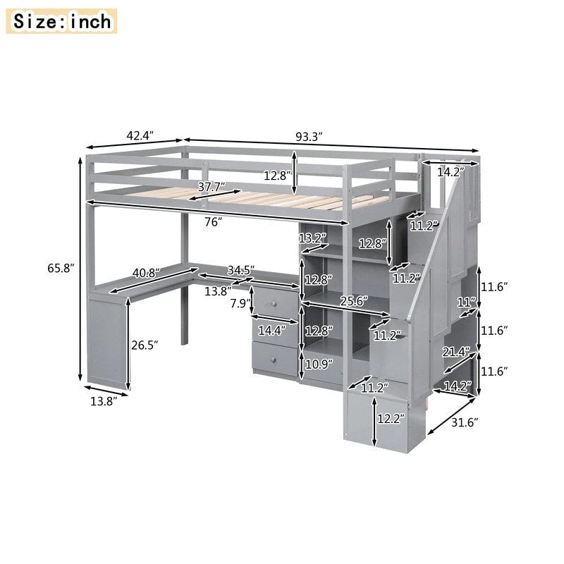 Twin Size Loft Bed with L-Shaped Desk and Drawers, Cabinet and Storage Staircase