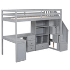 Lit mezzanine double gris/blanc avec bureau en L, tiroirs, armoire et escalier de rangement - Utilisation unique