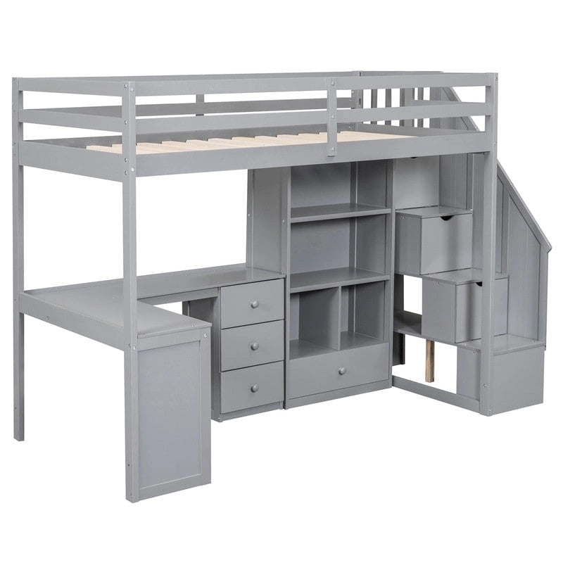 Lit mezzanine double gris/blanc avec bureau en L, tiroirs, armoire et escalier de rangement - Utilisation unique