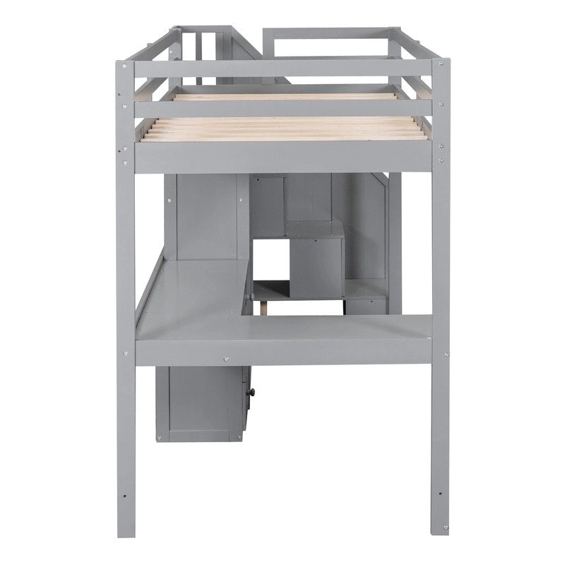Lit mezzanine double gris/blanc avec bureau en L, tiroirs, armoire et escalier de rangement - Utilisation unique