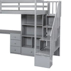 Lit mezzanine double gris/blanc avec bureau en L, tiroirs, armoire et escalier de rangement - Utilisation unique