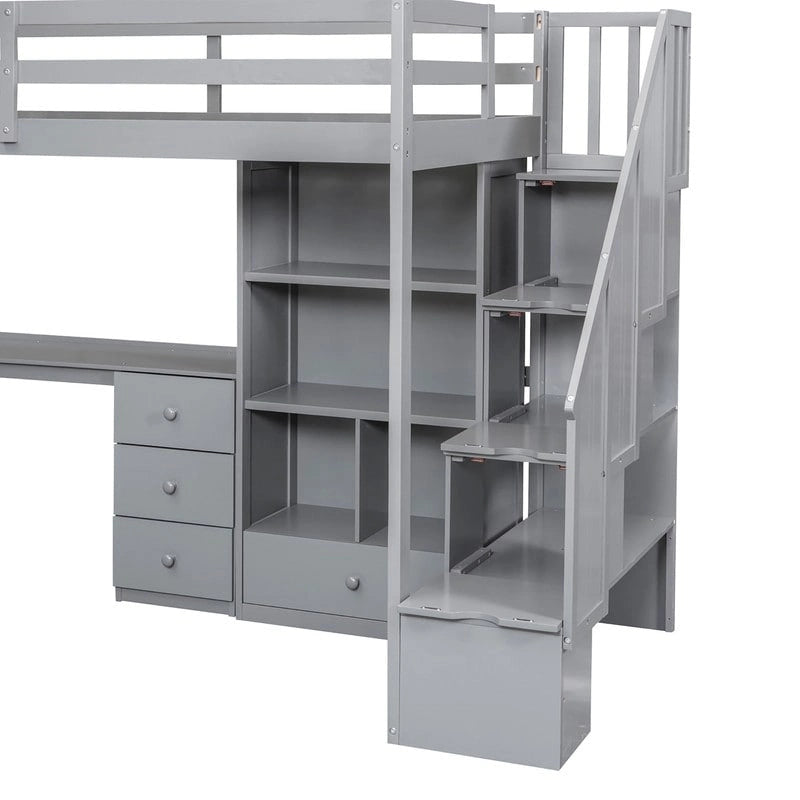 Lit mezzanine double gris/blanc avec bureau en L, tiroirs, armoire et escalier de rangement - Utilisation unique