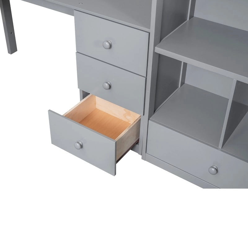Lit mezzanine double gris/blanc avec bureau en L, tiroirs, armoire et escalier de rangement - Utilisation unique