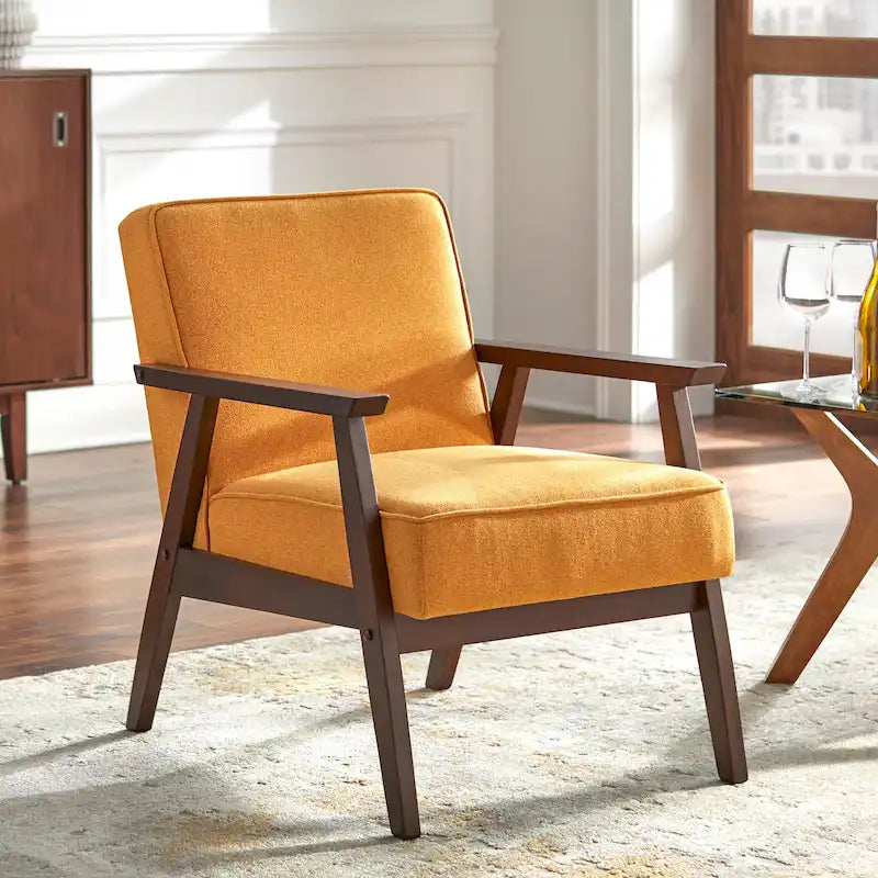 Fauteuil d'appoint du milieu du siècle en hévéa gris / bleu / jaune / blanc avec pieds inclinés et coussins amovibles - Usage unique