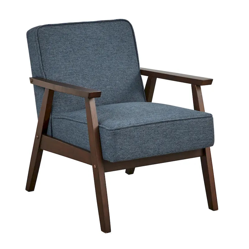 Fauteuil d'appoint du milieu du siècle en hévéa gris / bleu / jaune / blanc avec pieds inclinés et coussins amovibles - Usage unique