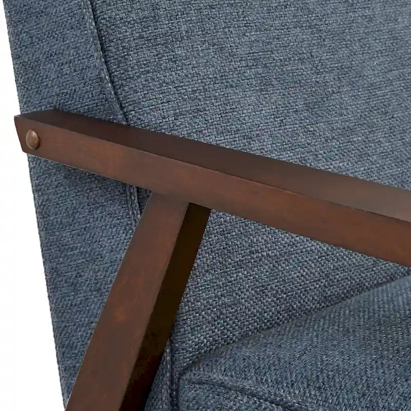 Fauteuil d'appoint du milieu du siècle en hévéa gris / bleu / jaune / blanc avec pieds inclinés et coussins amovibles - Usage unique