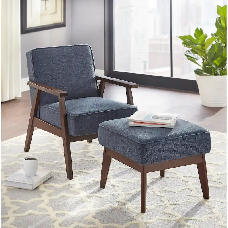 Fauteuil d'appoint du milieu du siècle en hévéa gris / bleu / jaune / blanc avec pieds inclinés et coussins amovibles - Usage unique
