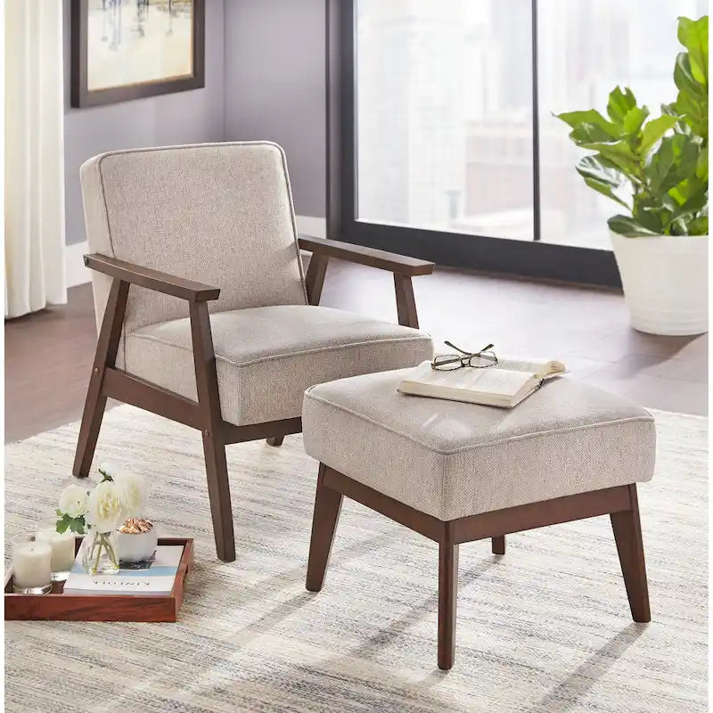 Fauteuil d'appoint du milieu du siècle en hévéa gris / bleu / jaune / blanc avec pieds inclinés et coussins amovibles - Usage unique