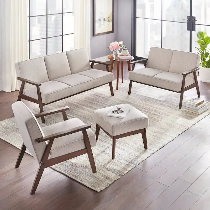 Fauteuil d'appoint du milieu du siècle en hévéa gris / bleu / jaune / blanc avec pieds inclinés et coussins amovibles - Usage unique