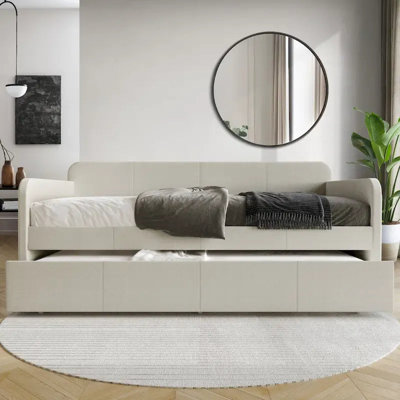 Lit de repos double rembourré minimaliste gris chaud / gris clair avec lit gigogne - Pour 2 personnes