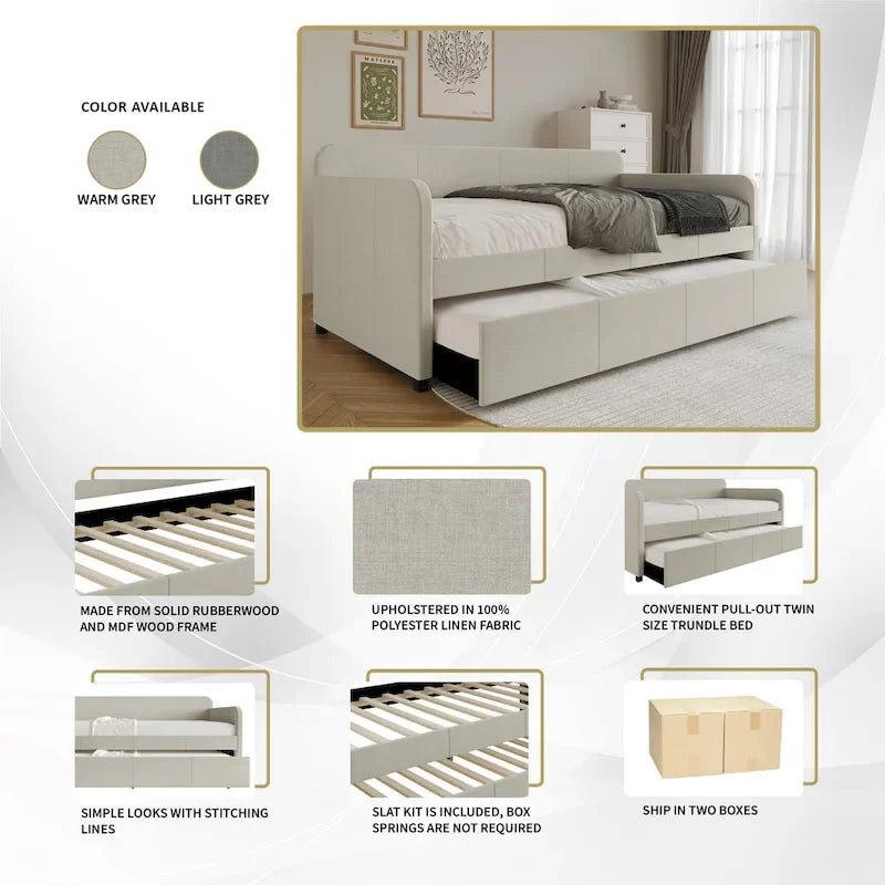 Lit de repos double rembourré minimaliste gris chaud / gris clair avec lit gigogne - Pour 2 personnes