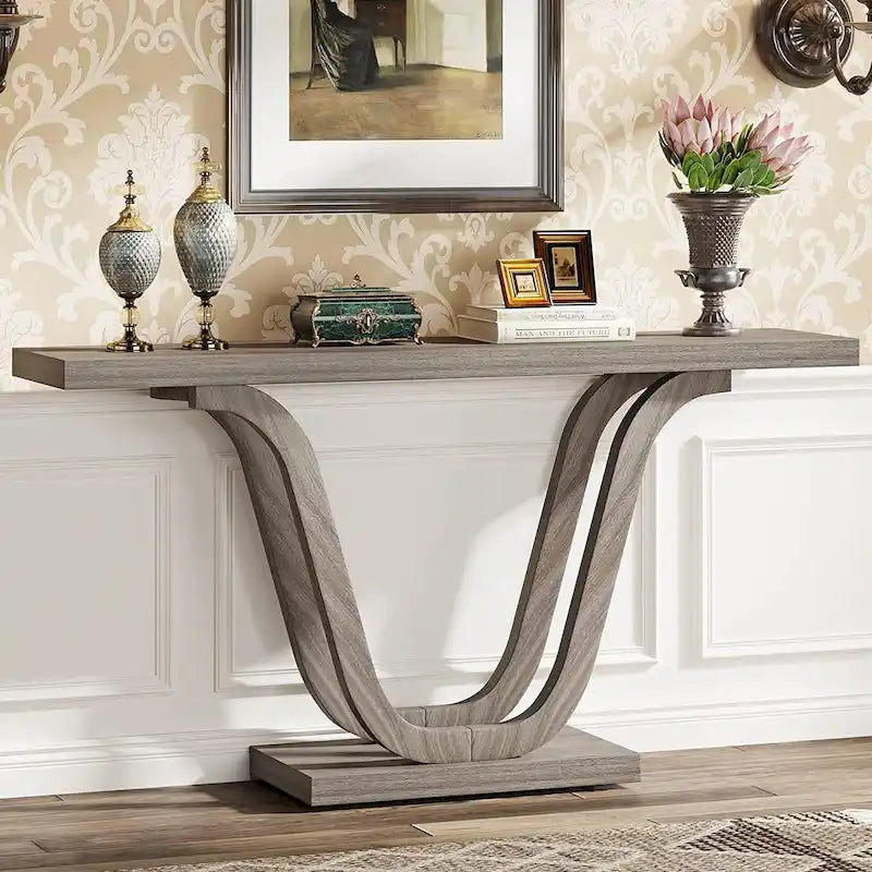 Console en MDF de style ferme gris/blanc avec pieds doubles en U