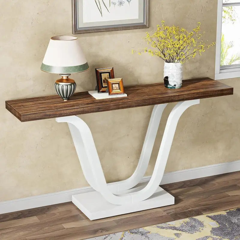 Console en MDF de style ferme gris/blanc avec pieds doubles en U