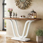 Console en MDF de style ferme gris/blanc avec pieds doubles en U