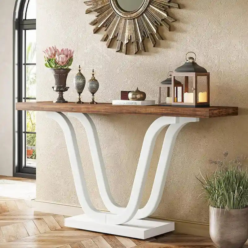 Console en MDF de style ferme gris/blanc avec pieds doubles en U