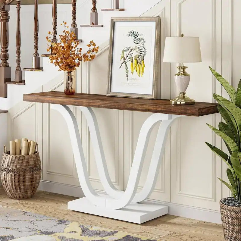 Console en MDF de style ferme gris/blanc avec pieds doubles en U