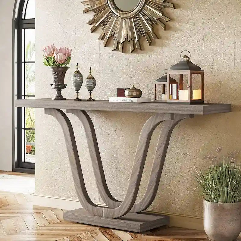Console en MDF de style ferme gris/blanc avec pieds doubles en U