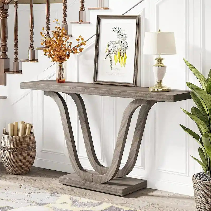 Console en MDF de style ferme gris/blanc avec pieds doubles en U