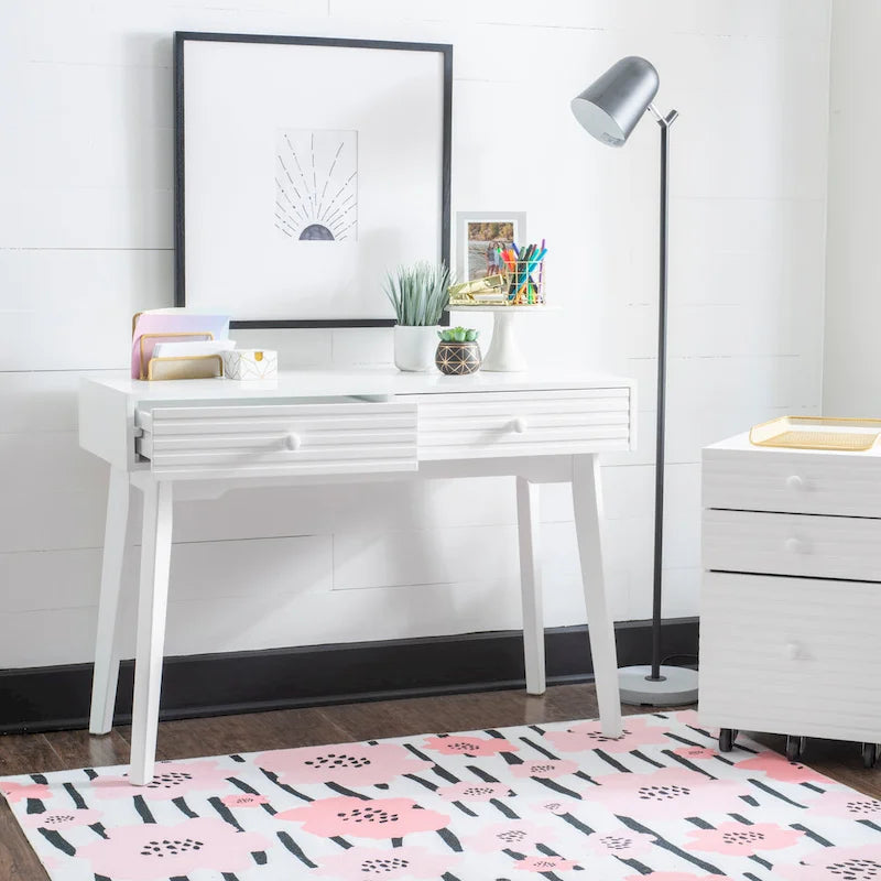 Bureau à écrire en bois massif moderne du milieu du siècle, naturel/blanc, avec 2 tiroirs - Usage unique