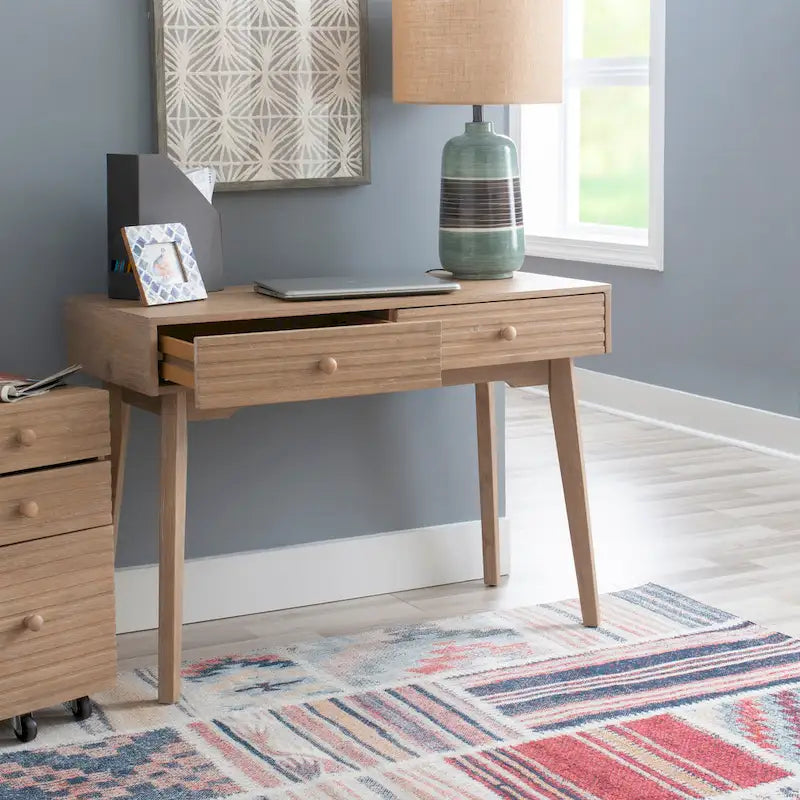Bureau à écrire en bois massif moderne du milieu du siècle, naturel/blanc, avec 2 tiroirs - Usage unique