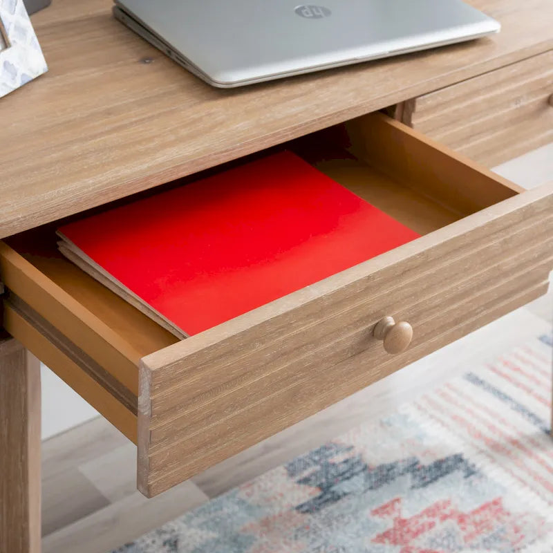 Bureau à écrire en bois massif moderne du milieu du siècle, naturel/blanc, avec 2 tiroirs - Usage unique