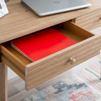 Bureau à écrire en bois massif moderne du milieu du siècle, naturel/blanc, avec 2 tiroirs - Usage unique