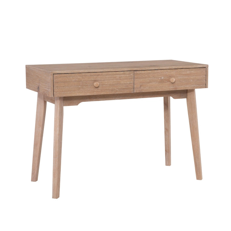 Bureau à écrire en bois massif moderne du milieu du siècle, naturel/blanc, avec 2 tiroirs - Usage unique
