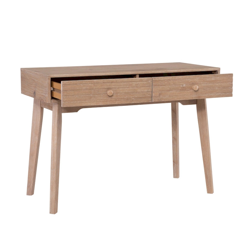 Bureau à écrire en bois massif moderne du milieu du siècle, naturel/blanc, avec 2 tiroirs - Usage unique