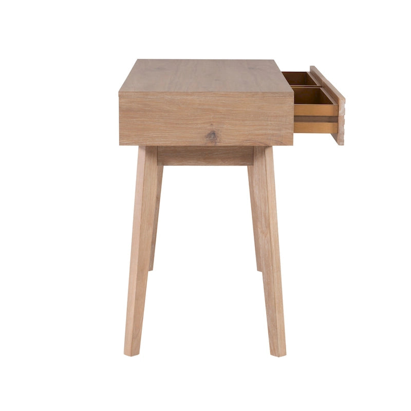 Bureau à écrire en bois massif moderne du milieu du siècle, naturel/blanc, avec 2 tiroirs - Usage unique