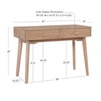 Bureau à écrire en bois massif moderne du milieu du siècle, naturel/blanc, avec 2 tiroirs - Usage unique