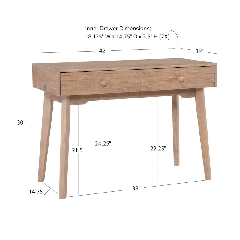 Bureau à écrire en bois massif moderne du milieu du siècle, naturel/blanc, avec 2 tiroirs - Usage unique