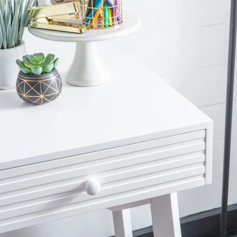 Bureau à écrire en bois massif moderne du milieu du siècle, naturel/blanc, avec 2 tiroirs - Usage unique