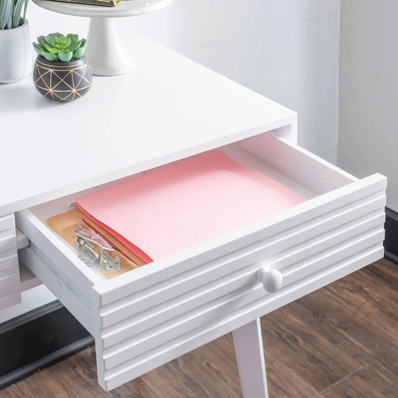 Bureau à écrire en bois massif moderne du milieu du siècle, naturel/blanc, avec 2 tiroirs - Usage unique