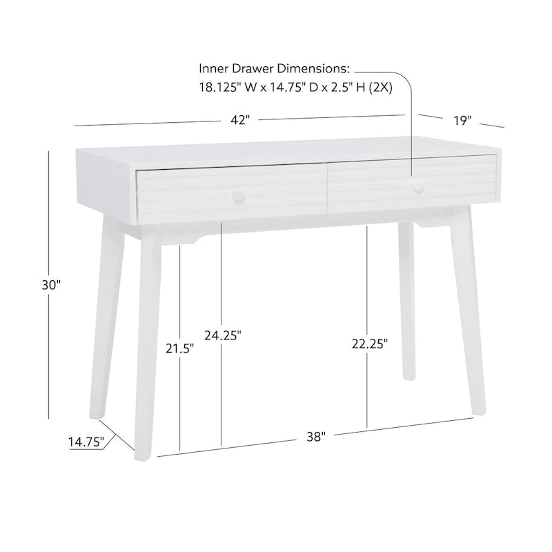 Bureau à écrire en bois massif moderne du milieu du siècle, naturel/blanc, avec 2 tiroirs - Usage unique