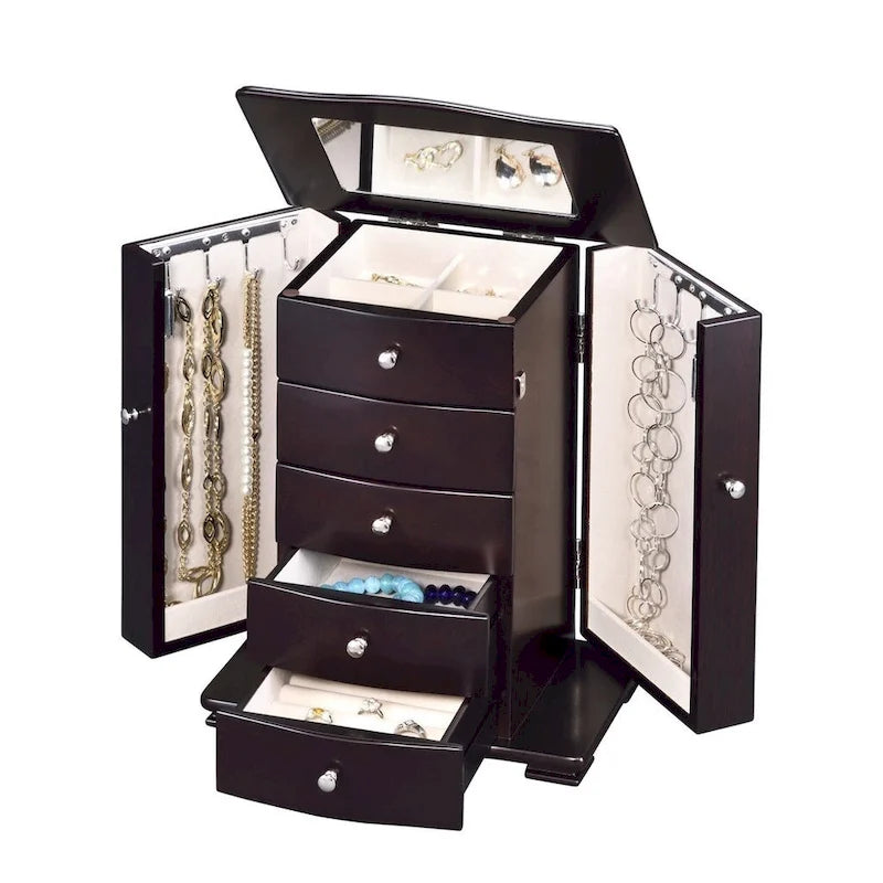 Boîte à Bijoux en Bois Brun et Haut avec 4 Tiroirs et Miroir Intégré - Usage Unique