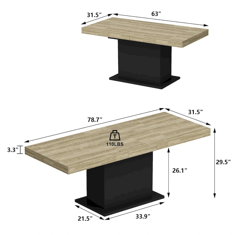 Table à manger extensible noir et blanc avec plateau en bois et pieds en I - 6-8 places