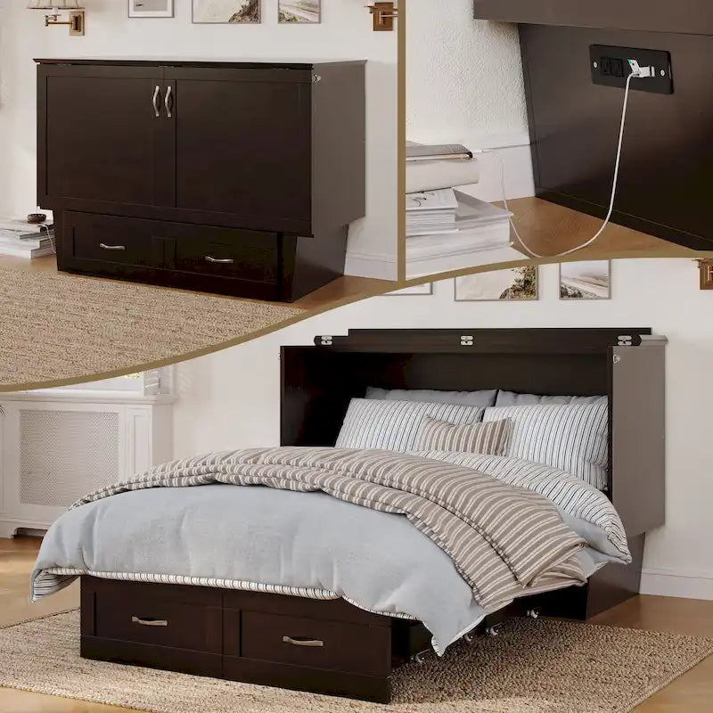 Lit escamotable coffre avec matelas en mousse à mémoire de forme 6 po pour 2 personnes - Blanc / Espresso / Gris