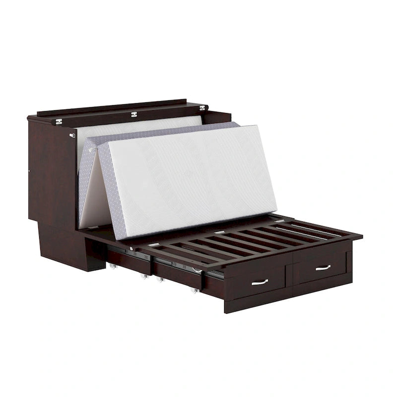 Lit escamotable coffre avec matelas en mousse à mémoire de forme 6 po pour 2 personnes - Blanc / Espresso / Gris