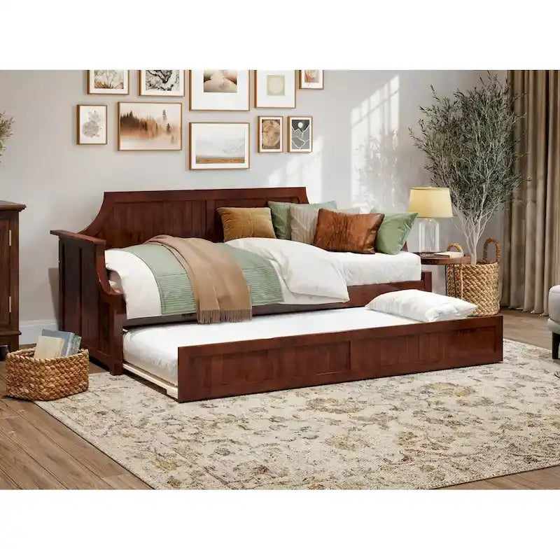Lit de repos double en bois Gris / Noyer / Blanc / Toffee clair avec lit gigogne - Convient pour 2 personnes