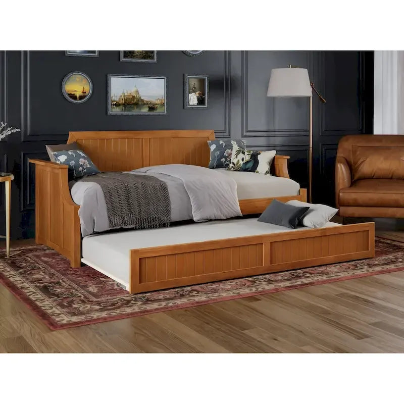 Lit de repos double en bois Gris / Noyer / Blanc / Toffee clair avec lit gigogne - Convient pour 2 personnes