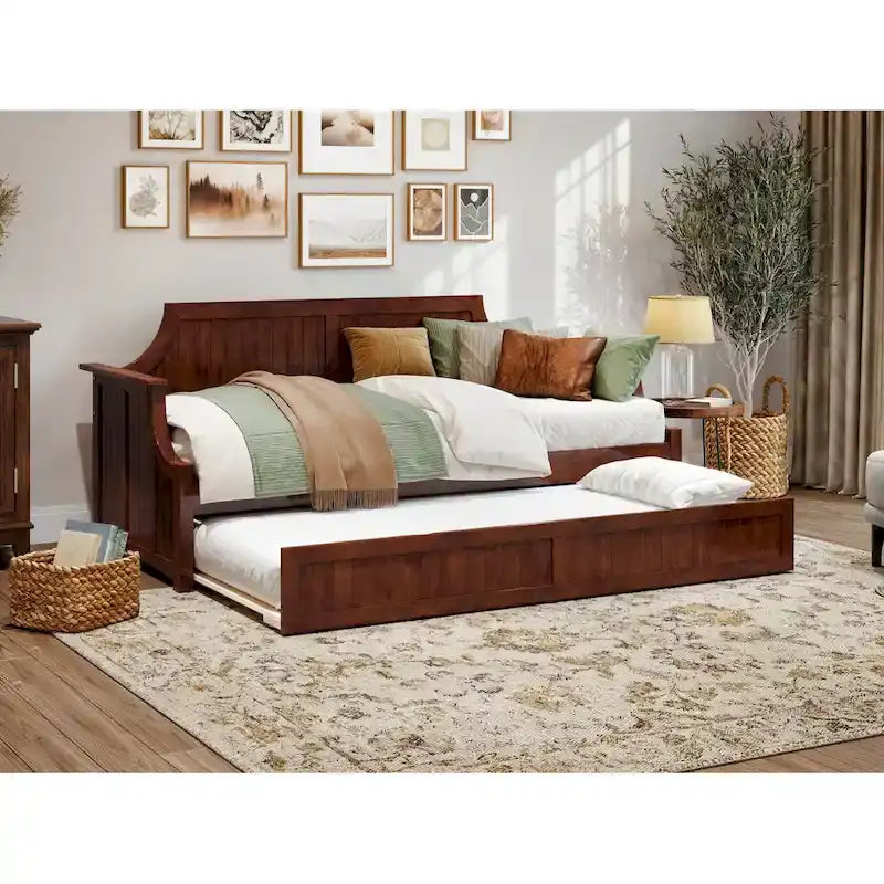 Lit de repos double en bois Gris / Noyer / Blanc / Toffee clair avec lit gigogne - Convient pour 2 personnes