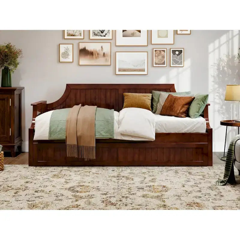 Lit de repos double en bois Gris / Noyer / Blanc / Toffee clair avec lit gigogne - Convient pour 2 personnes