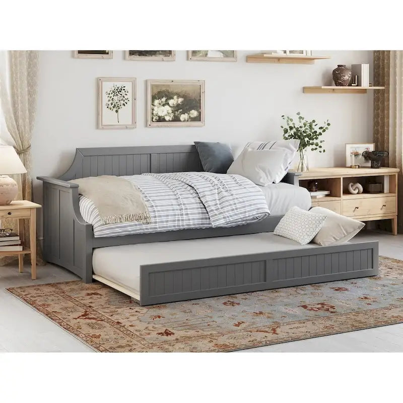 Lit de repos double en bois Gris / Noyer / Blanc / Toffee clair avec lit gigogne - Convient pour 2 personnes