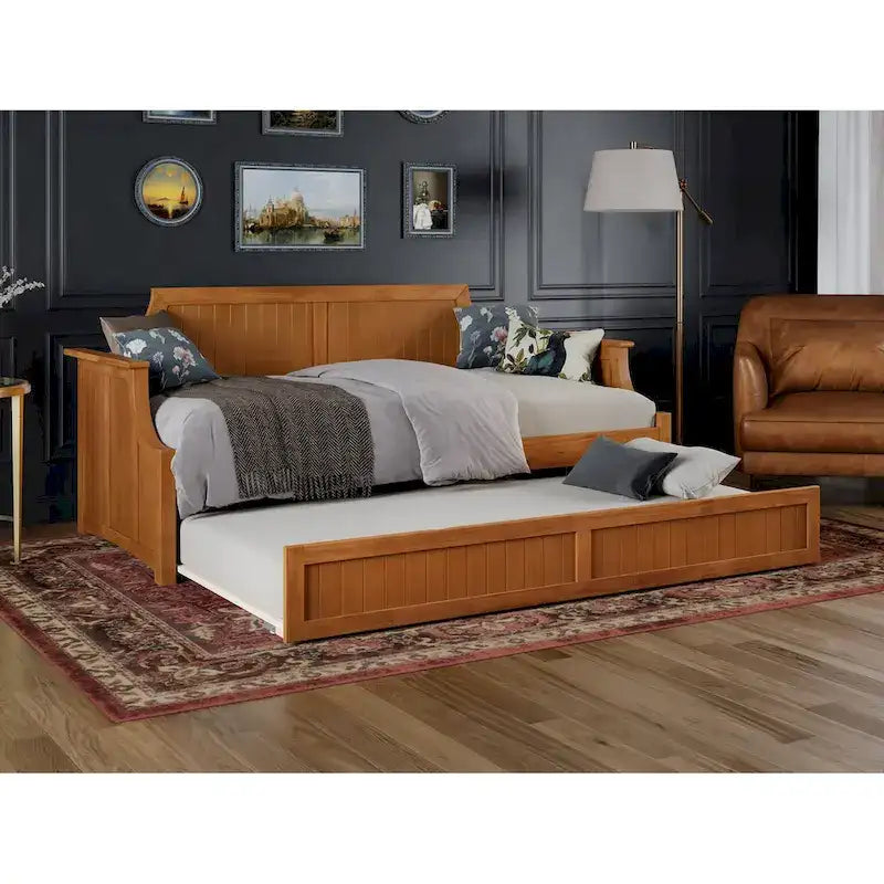 Lit de repos double en bois Gris / Noyer / Blanc / Toffee clair avec lit gigogne - Convient pour 2 personnes