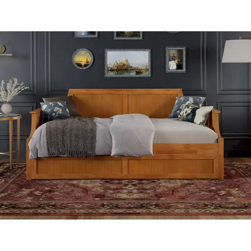 Lit de repos double en bois Gris / Noyer / Blanc / Toffee clair avec lit gigogne - Convient pour 2 personnes