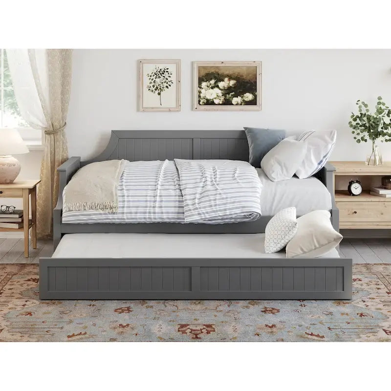 Lit de repos double en bois Gris / Noyer / Blanc / Toffee clair avec lit gigogne - Convient pour 2 personnes